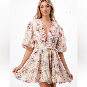 Cottage Coquette Floral Ruffle-Tiered Mini Cotton Dress in Cream S